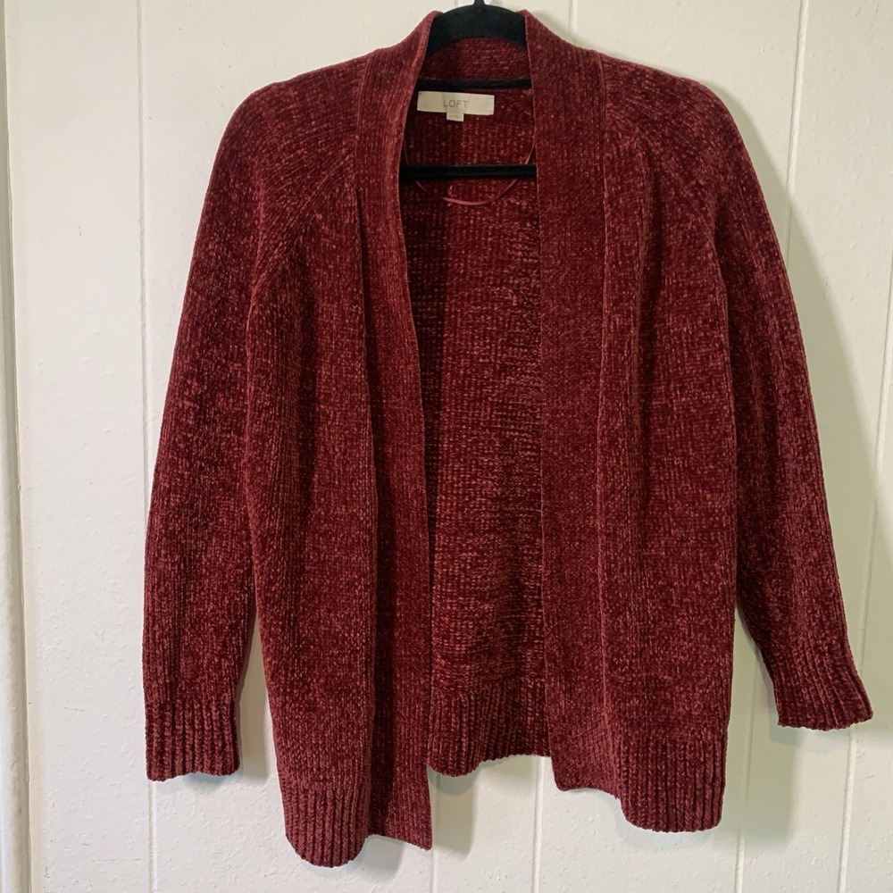Loft Womens XS Cardigan Chenille Soft Dark Red Chunky Knit Long Sleeve